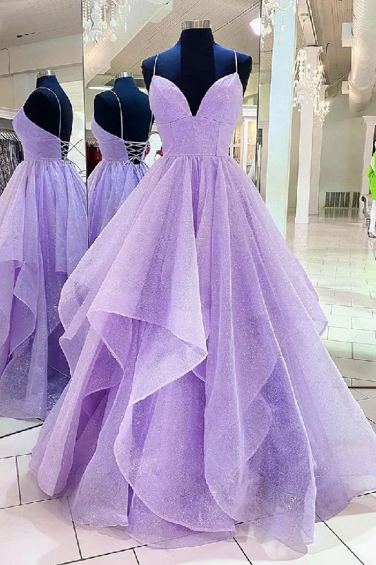 Value Deals Purple V Neck Sleeveless A Line Tulle Sequin Prom Dresses