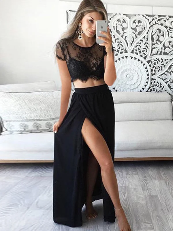 Limited Stock Two Piece Prom Dresses A-line Lace Prom Dress Black Evening Dress JKL1013