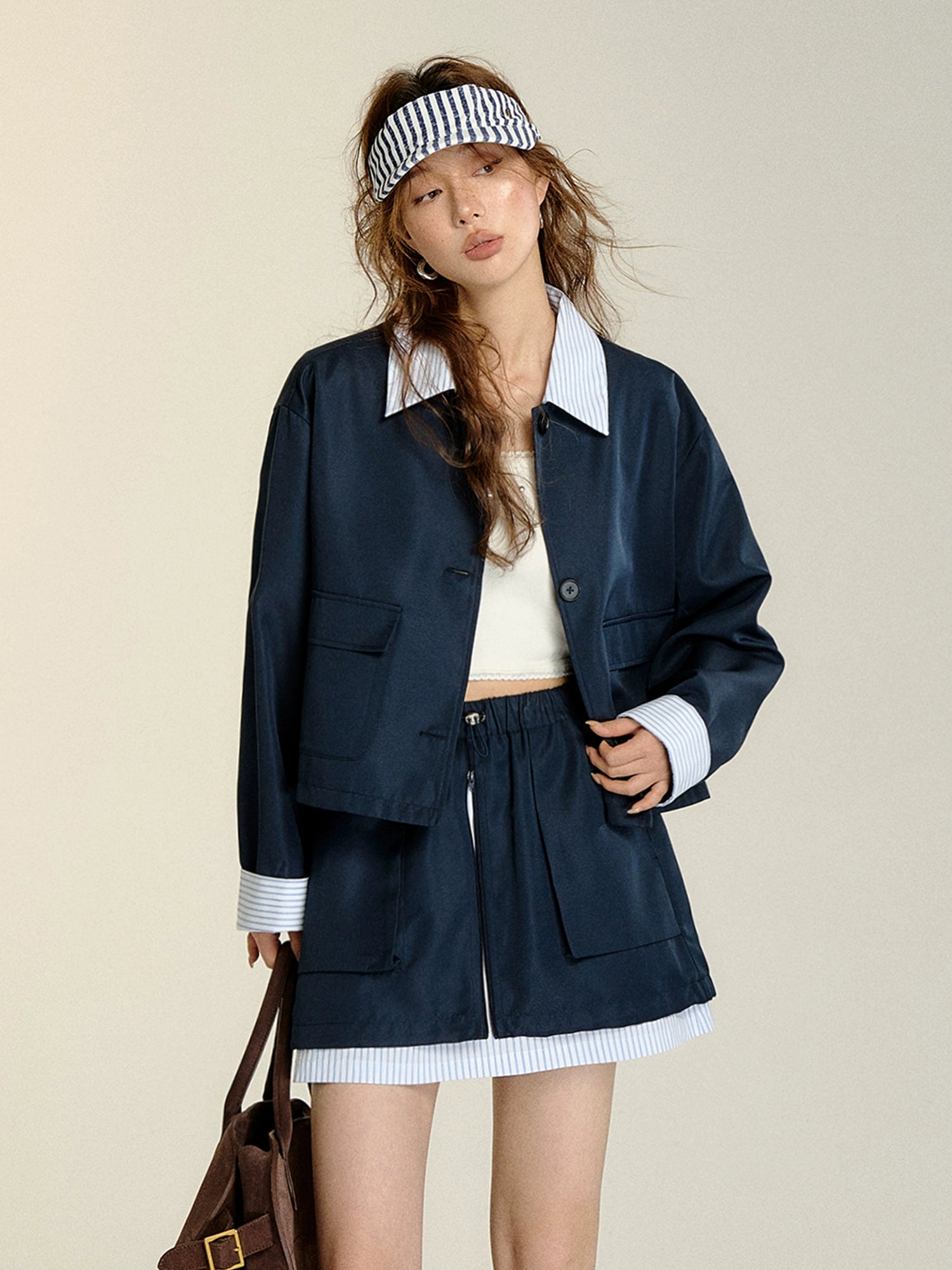 Instant Discount sleek and warm coatNavy Blue Faux Two-piece Striped Jacket