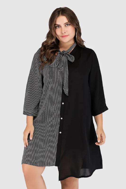 winter dressPlus Size Striped Color Block Tie-Neck Dress