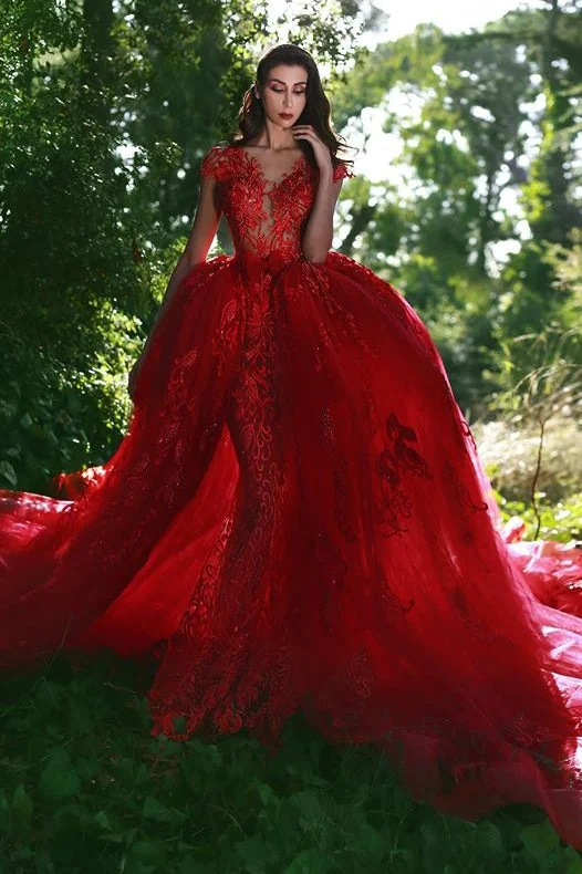 Clearance Items Elegant Red V-Neck OverSkirt Lace Applique Prom Dresses