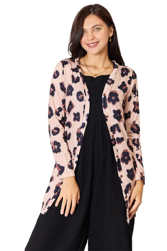 functional puffer jacketDouble Take Printed Button Front Longline Cardigan