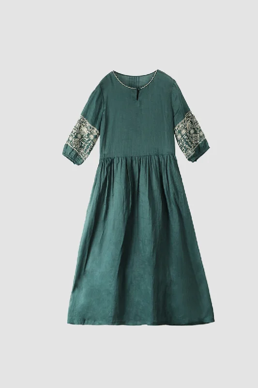 Mega Deal party dressEmerald Embroidery Ramie Dress