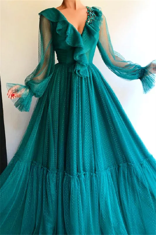 Price Drop Chic Long Sleevess V-neck Prom Party Gowns| Affordable Beading Green Long Prom Party Gowns