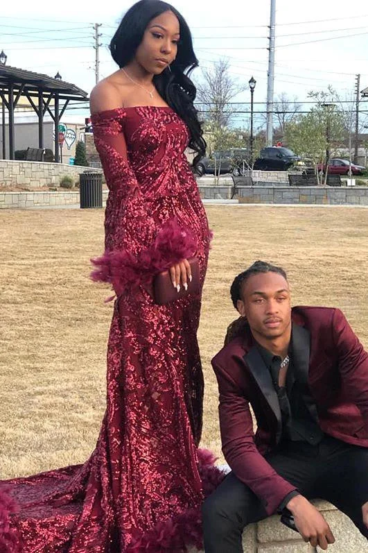 Savings Spectacular Chic Off-the-shoulder Burgundy Shining Sequined Long Prom Party Gowns with Fur
