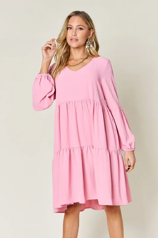 wool dressDouble Take Full Size V-Neck Balloon Sleeve Tiered Dress