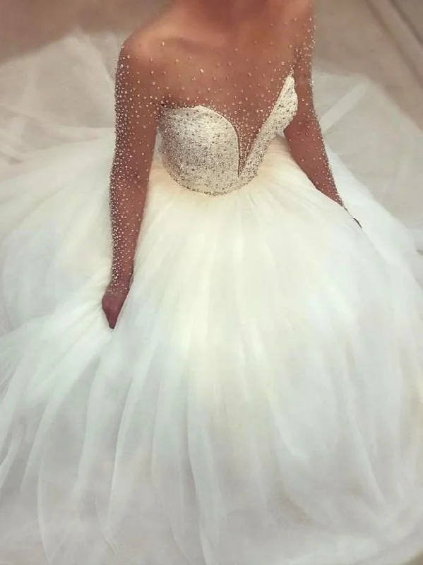 YEAR-End Clearance Long Sleeve Wedding Dresses A-line Floor-length Elegant Beading Sparkly Bridal Gown JKW245