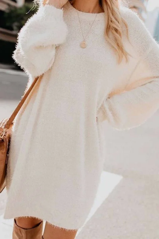 Mega Sale casual slip dressLong Sleeve Crew Neck Plush Dress
