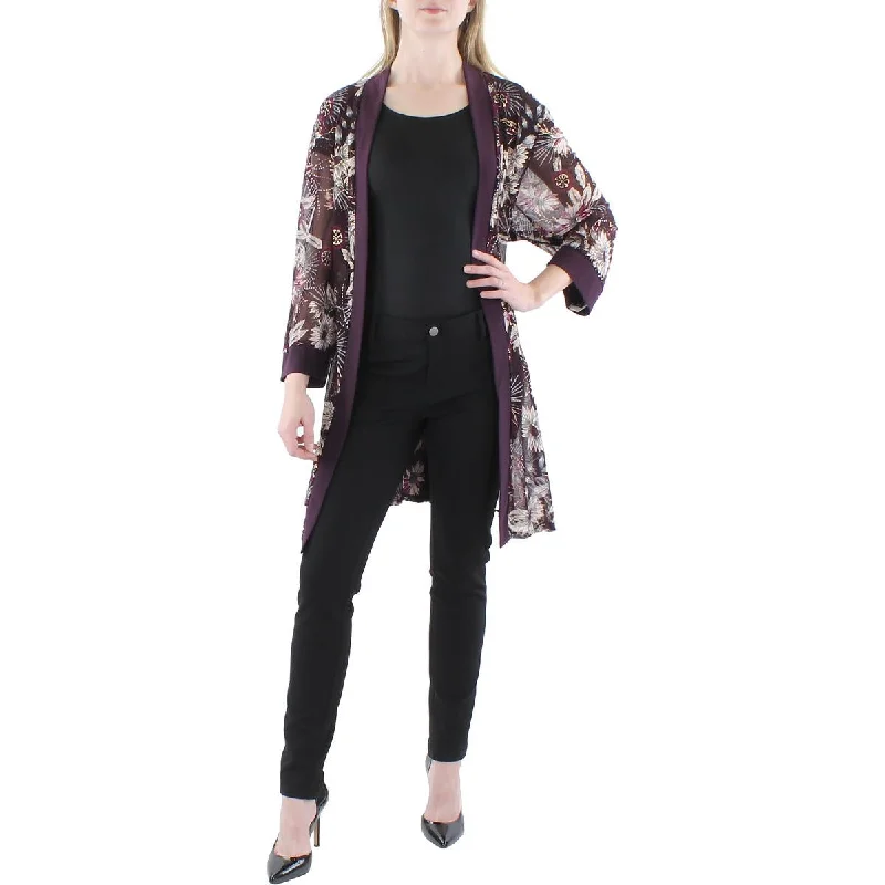 long-sleeve jacketPlus Womens Mesh Floral Duster Blazer