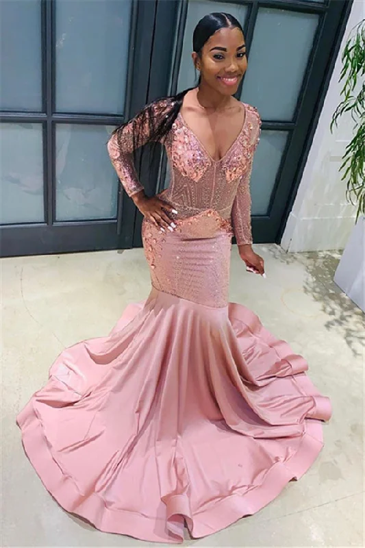 Unmissable Offer Pink Beads Sequins Chic V-neck Prom Dresses Fit and Flare Long Sleeves Elegant Evening Gowns