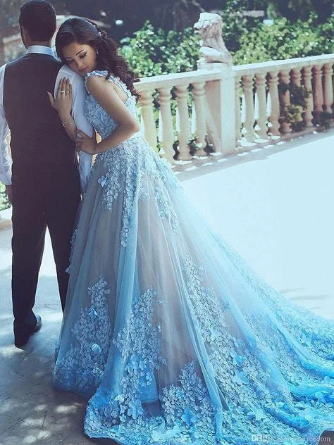 Special Savings Wedding Dresses A-line Straps Blue Hand-Made Flower Lace Tulle JBridal Gown KW002 Special Savings Wedding Dresses A-line Straps Blue Hand-Made Flower Lace Tulle JBridal Gown KW002