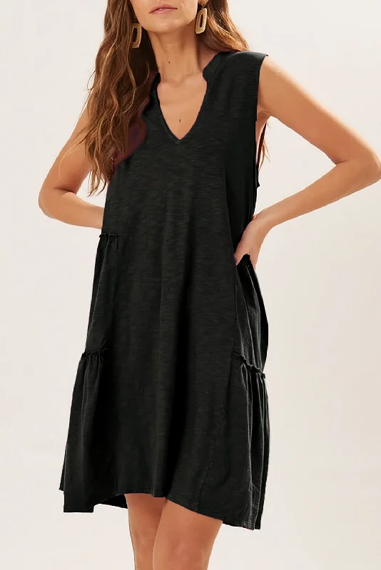 Steals and Deals Black Split V Neck Tiered Flowy Sleeveless Dress