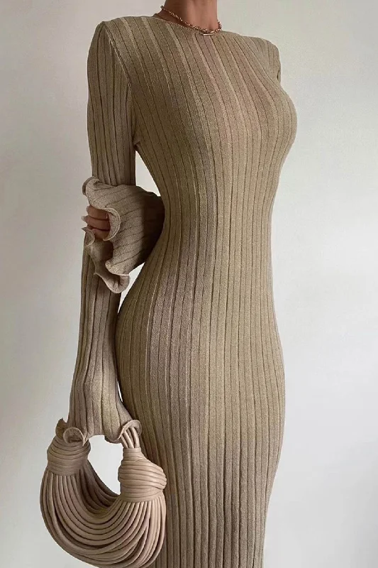 Special Savings sleek midi dressLong Flares Sleeve Backless Ribbed Knit Dress