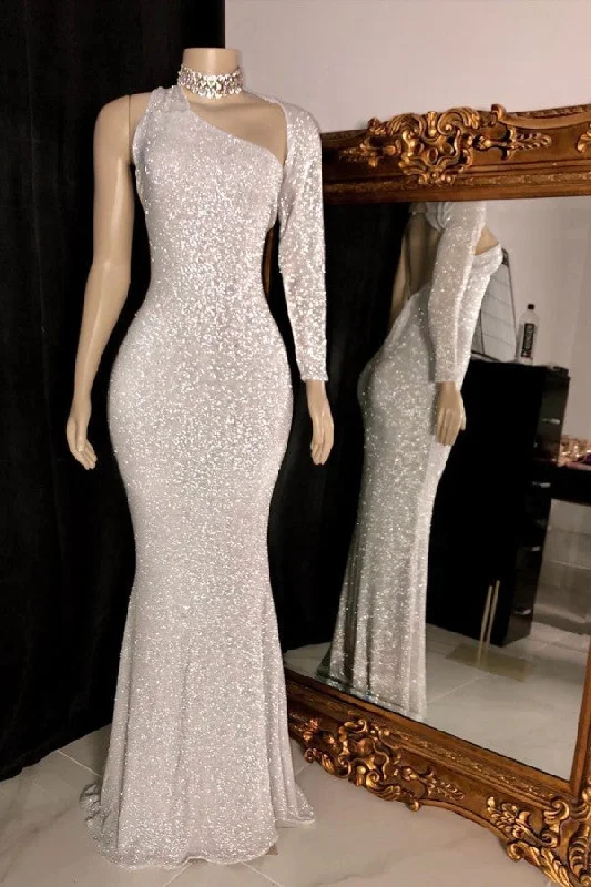 Limited Quantity One-shoulder Long Sleeves Silver Sequins Mermaid Prom Gowns
