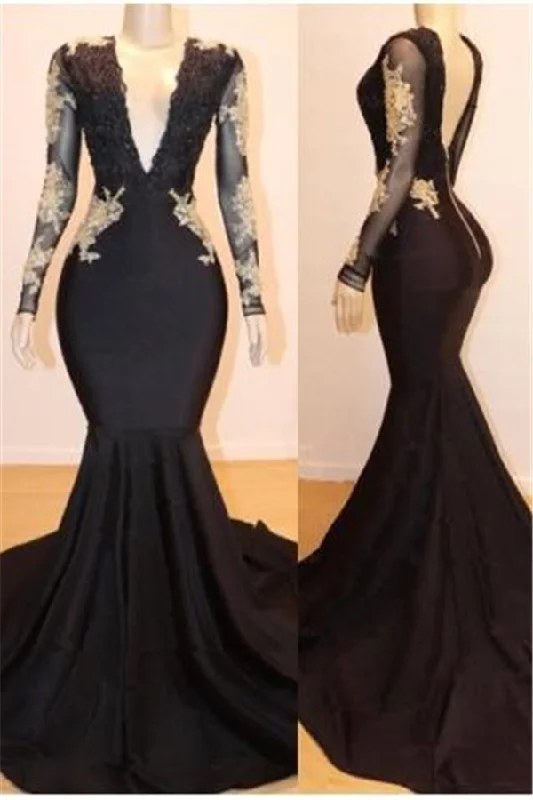 Savings Bonanza Long Sleevess Appliques Mermaid V-neck Long Prom Dresses