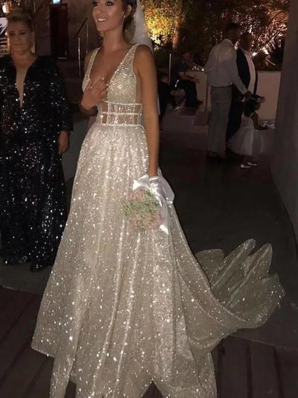 Final Clearance Sparkly Sexy Deep V Neck Wedding Dress with Straps A Line Backless Wedding Dress Sweep Train YSJ1992 Final Clearance Sparkly Sexy Deep V Neck Wedding Dress with Straps A Line Backless Wedding Dress Sweep Train YSJ1992
