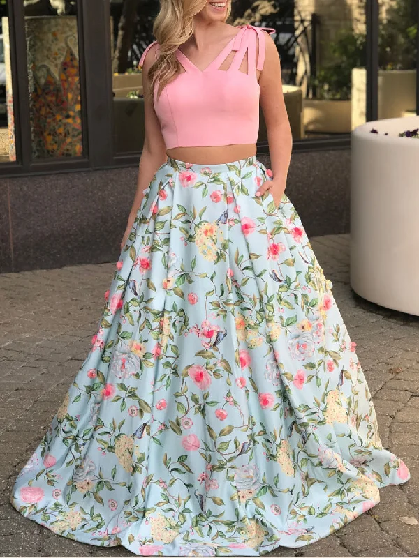 Act Now Two Piece Prom Dresses Floral Print Straps Pink Long Open Back Prom Dress JKL1081