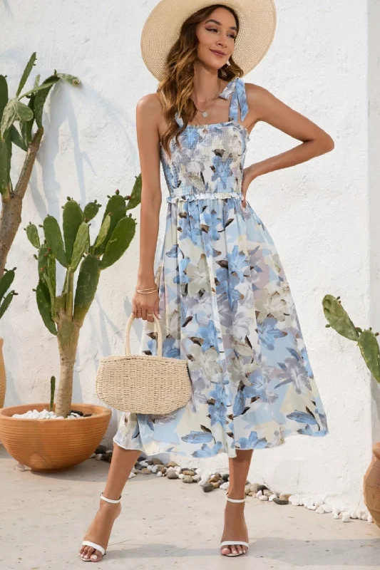 flowy maxi dressSmocked Printed Square Neck Midi Dress