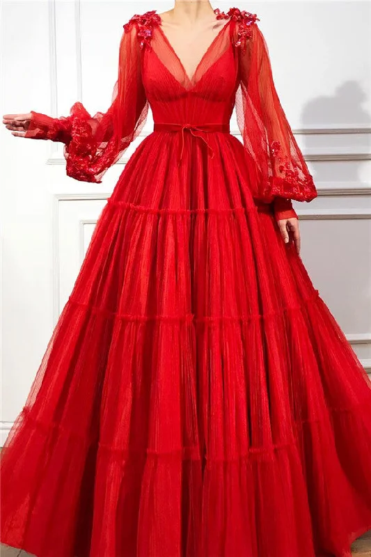 Year-End Clearance Chic V-neck Long Sleevess Red Tulle Prom Party Gowns| Charming Ball Gown Appliques Beading Long Prom Party Gowns