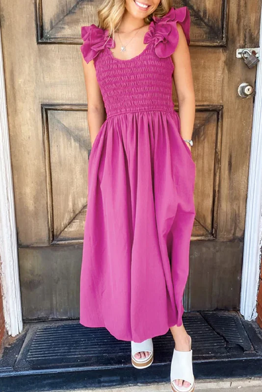 Can't Be Beat Rose Red Solid Color Ruffled Straps Smocked Ruched Maxi Dress