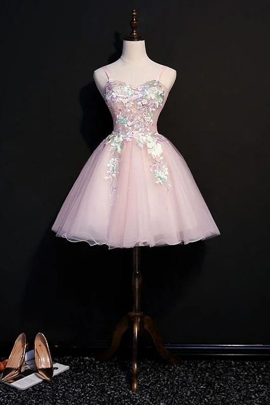 Super Sale Pink Sweetheart Tulle Lace Short Prom Dress Pink Homecoming Dress