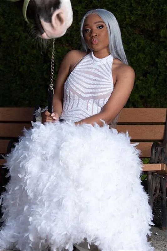 Quick Sale Halter Feather Fit and Flare Prom Dresses Alluring Open Back Sleeveless Evening Gowns