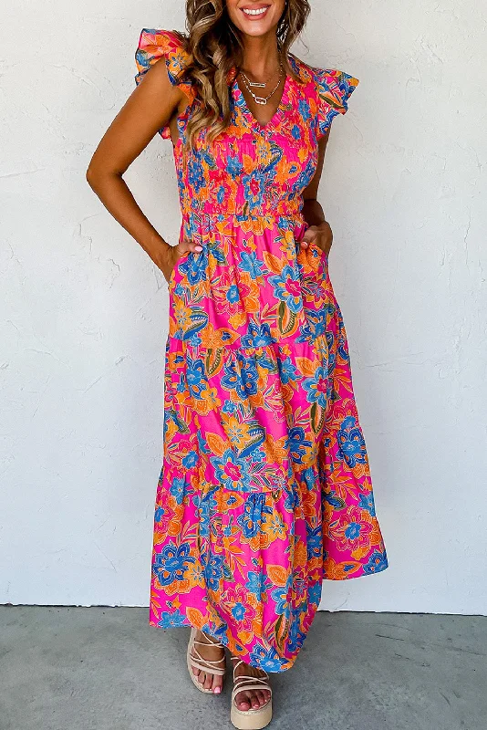 Discount Mania Rose Red Boho Floral V Neck Ruffle Tiered Long Dress