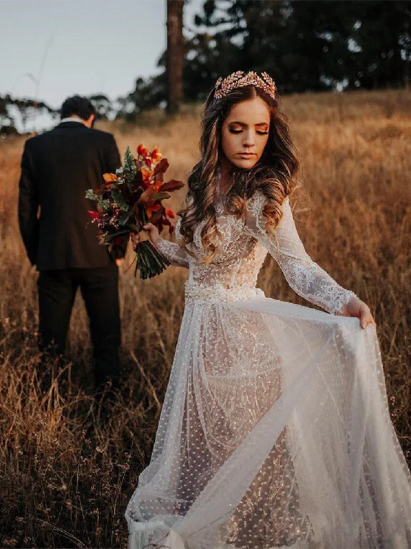 Limited Time Offer Long Sleeve Wedding Dresses V-neck Long Train Polka Dot Lace Open Back Boho Bridal Gown JKW371 Limited Time Offer Long Sleeve Wedding Dresses V-neck Long Train Polka Dot Lace Open Back Boho Bridal Gown JKW371