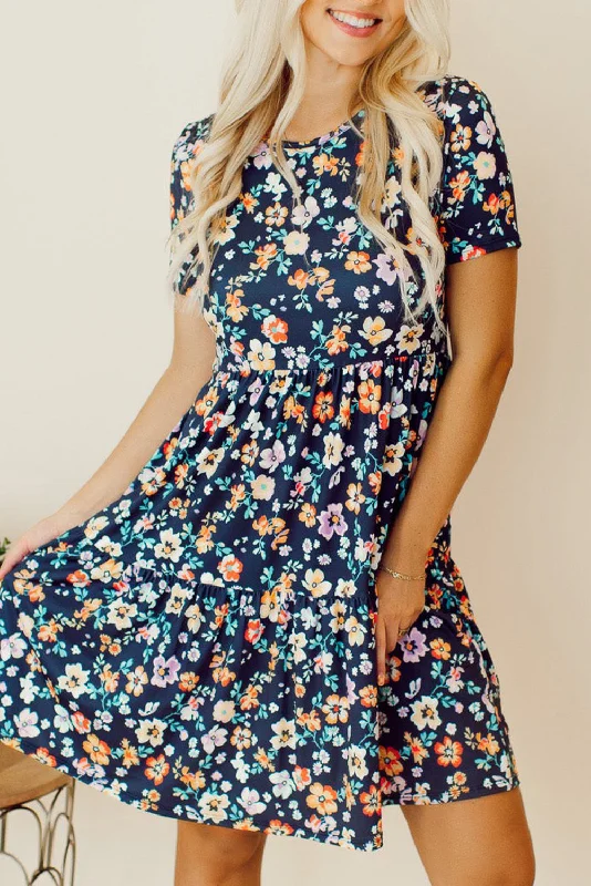 Best Bargains Blue Short Sleeve A-line Floral Dress