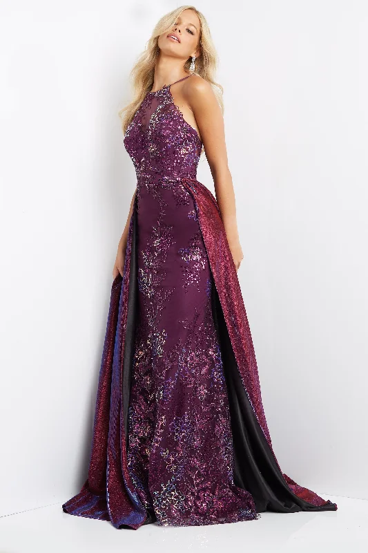 sophisticated dressJovani JVN07379 Purple Prom Dress Size 12 Long fitted Pageant Gown Overskirt Shimmer Sequin Lace Gown