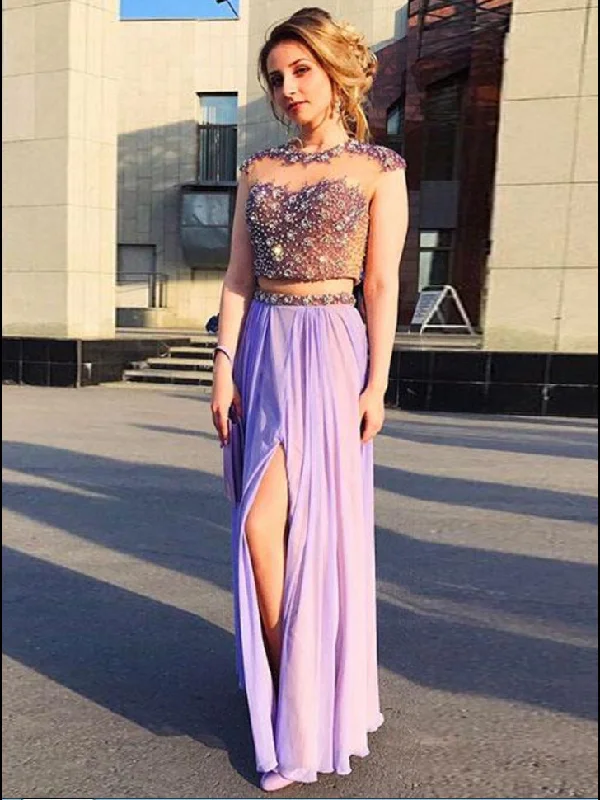 Special Price Two Piece Prom Dresses Scoop Rhinestone Long Sparkly Prom Dress JKL988