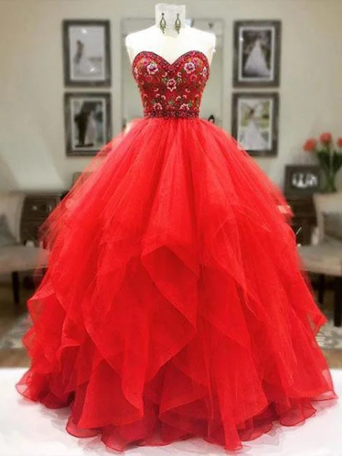 Bargain Prices Ball Gown Prom Dresses Sweetheart Embroidery Floor-length Red Prom Dress JKL998