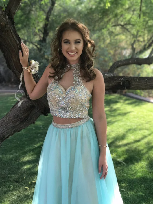 Exclusive Savings Two Piece Prom Dresses High Neck A-line Long Beading Chic Prom Dress JKL976