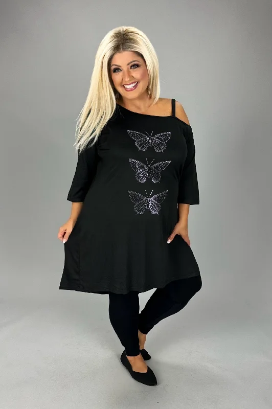 casual evening dressSALE!! CW Black Sequin Butterfly 1 Open Shoulder Tunic