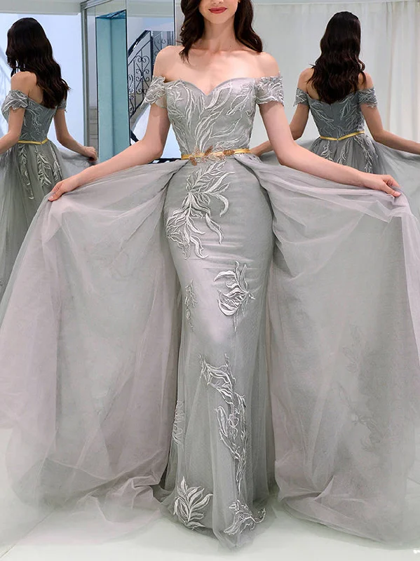 Midnight Sale Beautiful Prom Dresses Sheath Off-the-shoulder Appliques Grey Long Prom Dress JKL1155 Midnight Sale Beautiful Prom Dresses Sheath Off-the-shoulder Appliques Grey Long Prom Dress JKL1155
