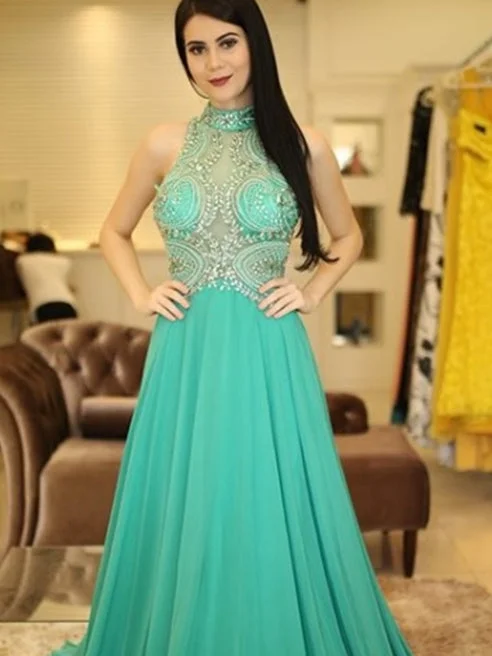 Discount Deals High Neck Prom Dresses Aline Beading Sparkly Prom Dress Sexy Evening Dress JKL975