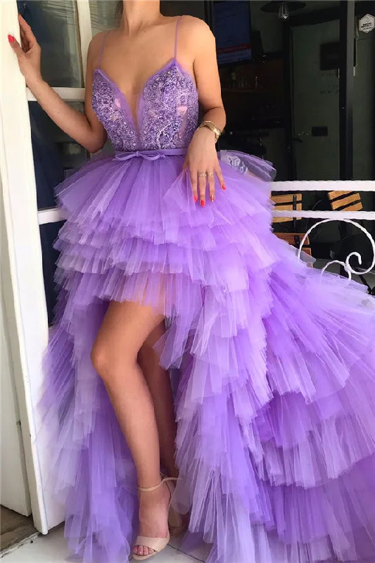 Price Meltdown Chic Hi-Lo Deep V-neck Sleeveless Prom Party Gowns| Spaghgtti Straps Appliques Prom Party Gowns
