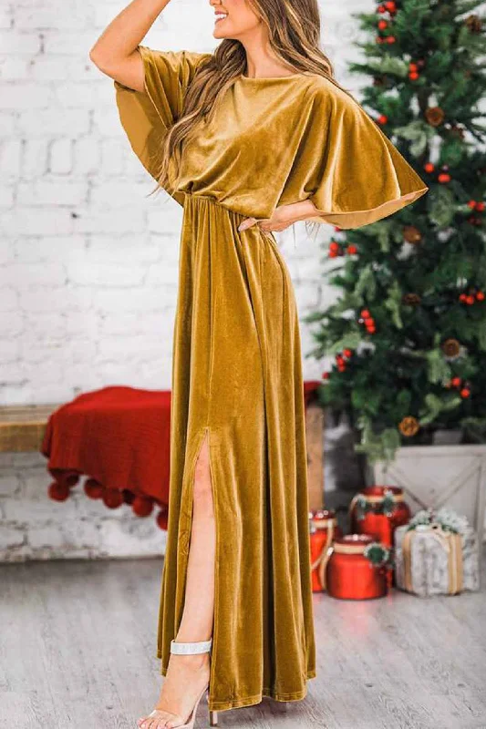 Hurry In satin midi dressVelvet Crew Neck High Slit Midi Dress