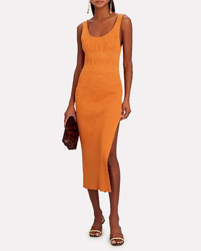 trendy mini dressIvana Sleeveless Rib Knit Midi Dress In Orange