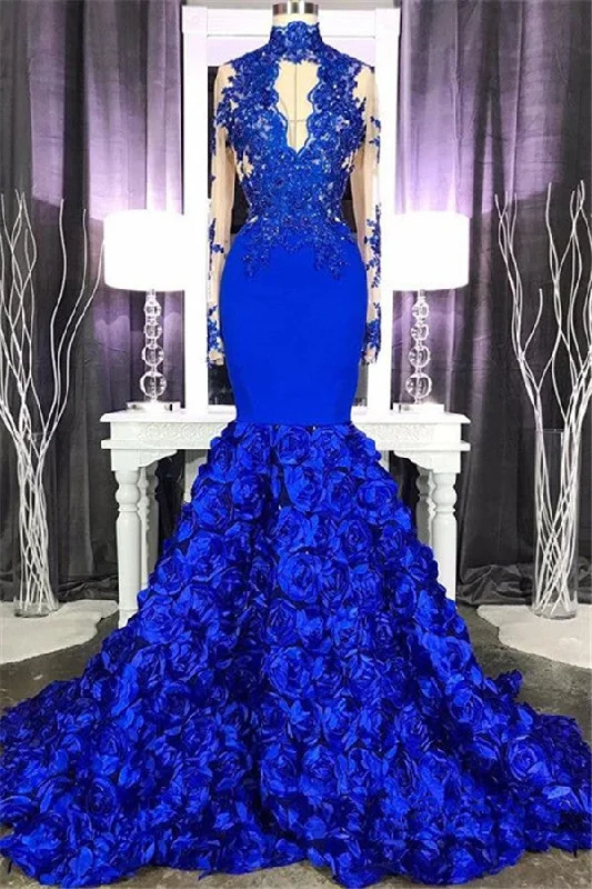 Bonus Savings Elegant Long Sleeves Lace Appliques Prom Party Gowns on Sale Fit and Flare Royal Blue Floral Prom Party Gowns with Keyhole