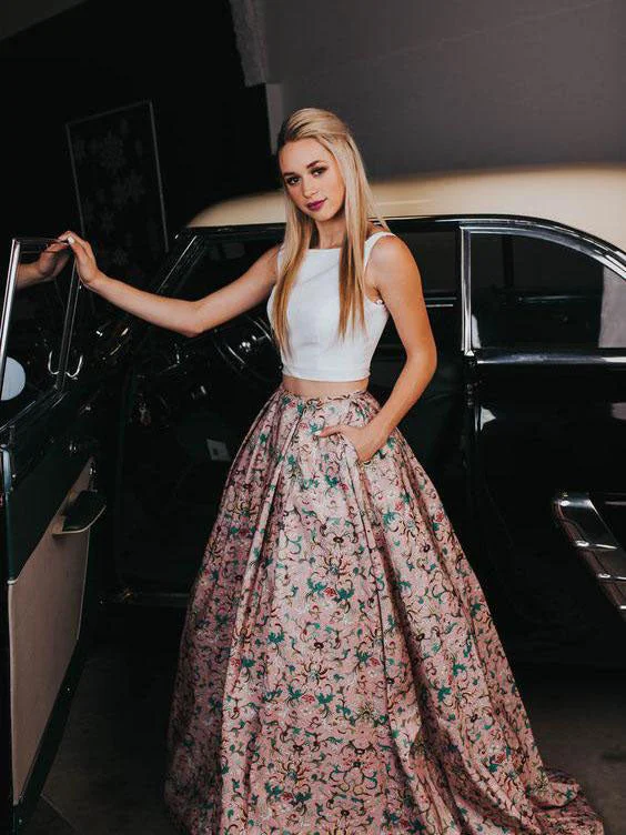 Deal of the Week Two Piece Prom Dresses Floral Print Beautiful Prom Dress Long Evening Dress JKL1079