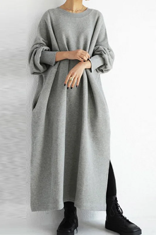 Overstock Sale modern dressSolid Crew Neck Slit Sweatshirt Dress