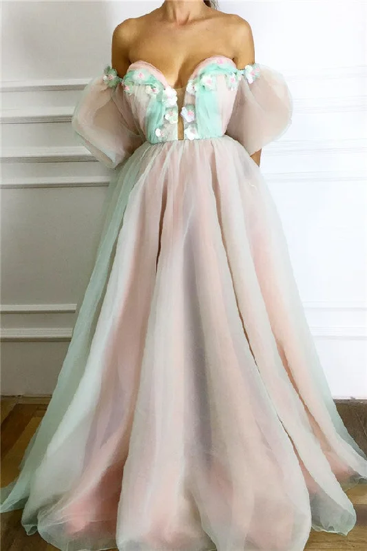 Members Only Chic Strapless Deep V-neck Prom Party Gowns| Unique Short Sleeves Tulle Long Prom Party Gowns