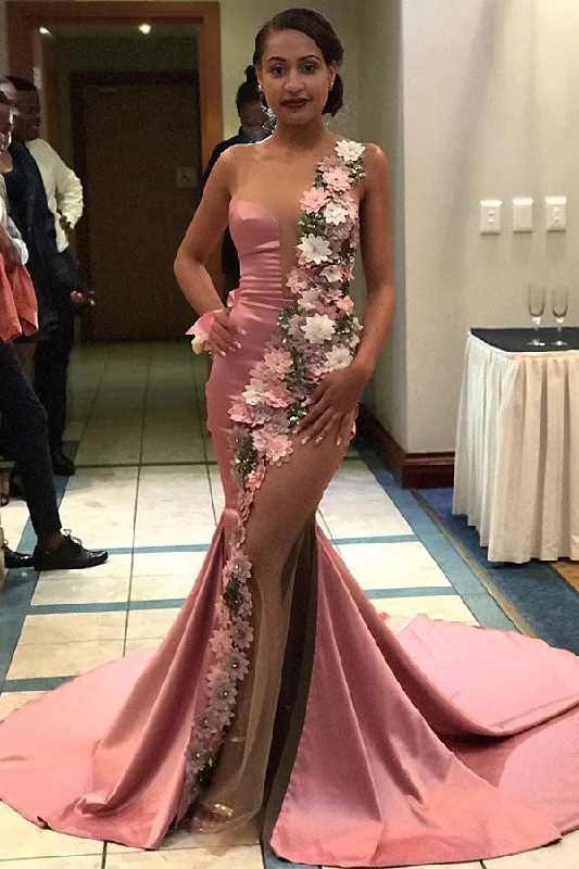 Weekend Deal Chic Deep V-neck Pink One shoulder Dusty See-through Pink Prom Dresses with Floral Appliques Weekend Deal Chic Deep V-neck Pink One shoulder Dusty See-through Pink Prom Dresses with Floral Appliques