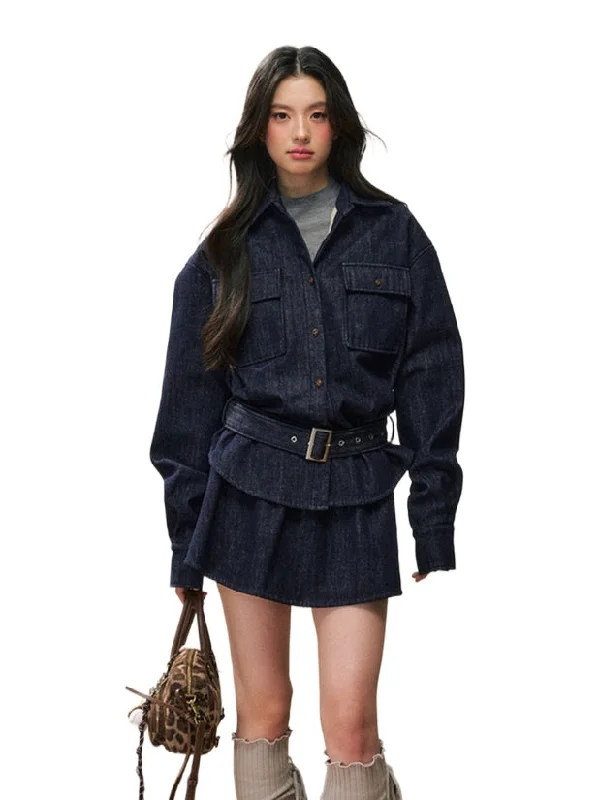 cozy jacketFleece-Lined Waist-Cinched Denim Jacket Set