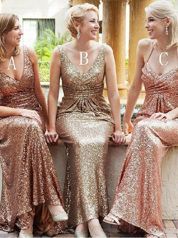 Weekend Flash Sale Chic Bridesmaid Dresses Sequins Gold V-neck Halter Sexy Long Bridesmaid Dresses JKB042
