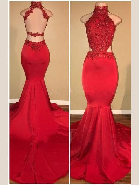 One-DAY Sale Red Prom Dresses High Neck Trumpet Mermaid Long Sexy Open Back Prom Dress JKL1074