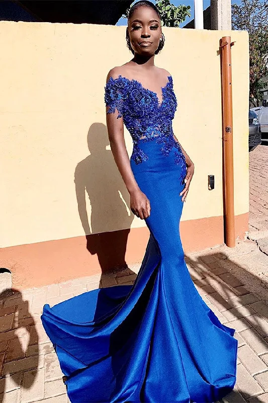 Exclusive Online Offer Royal Blue Off-the-shoulder Mermaid Prom Dresses with Lace Appliques and Chapel Train Exclusive Online Offer Royal Blue Off-the-shoulder Mermaid Prom Dresses with Lace Appliques and Chapel Train
