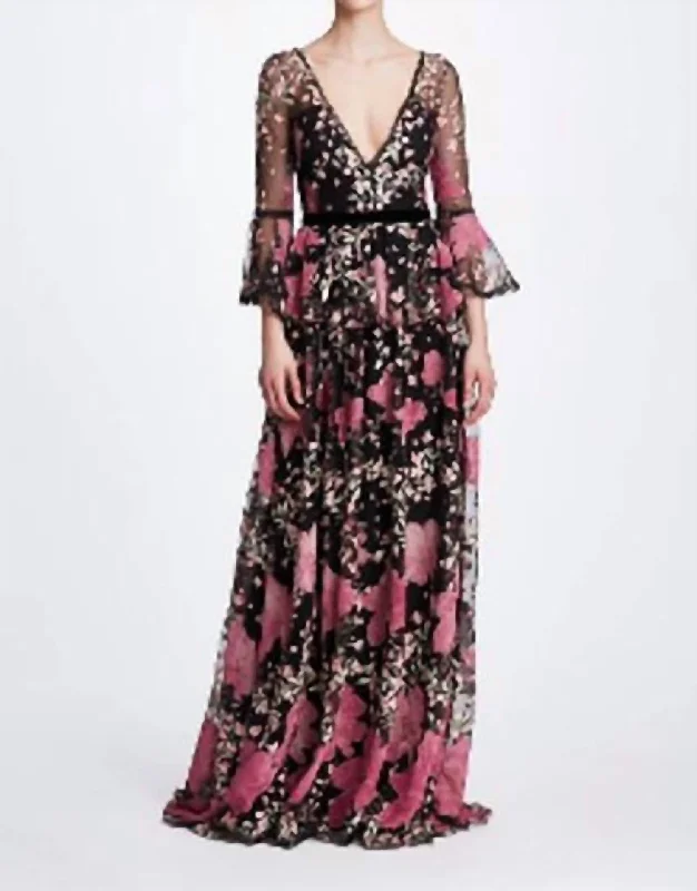 layered dressBell Sleeve V Neck Floral Gown In Black