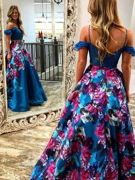 Buy Now Two Piece Prom Dresses Floral Print Spaghetti Straps Prom Dress Long Evening Dress JKL1093